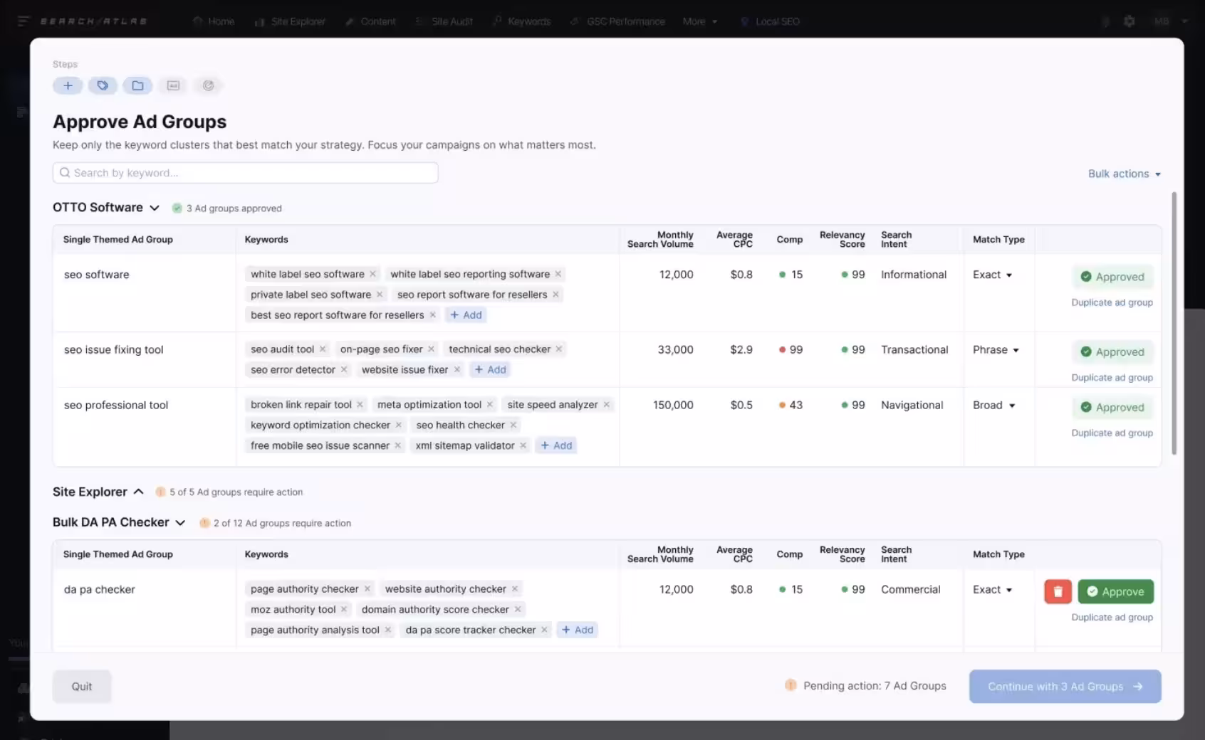 Approve ad groups inside Search Atlas