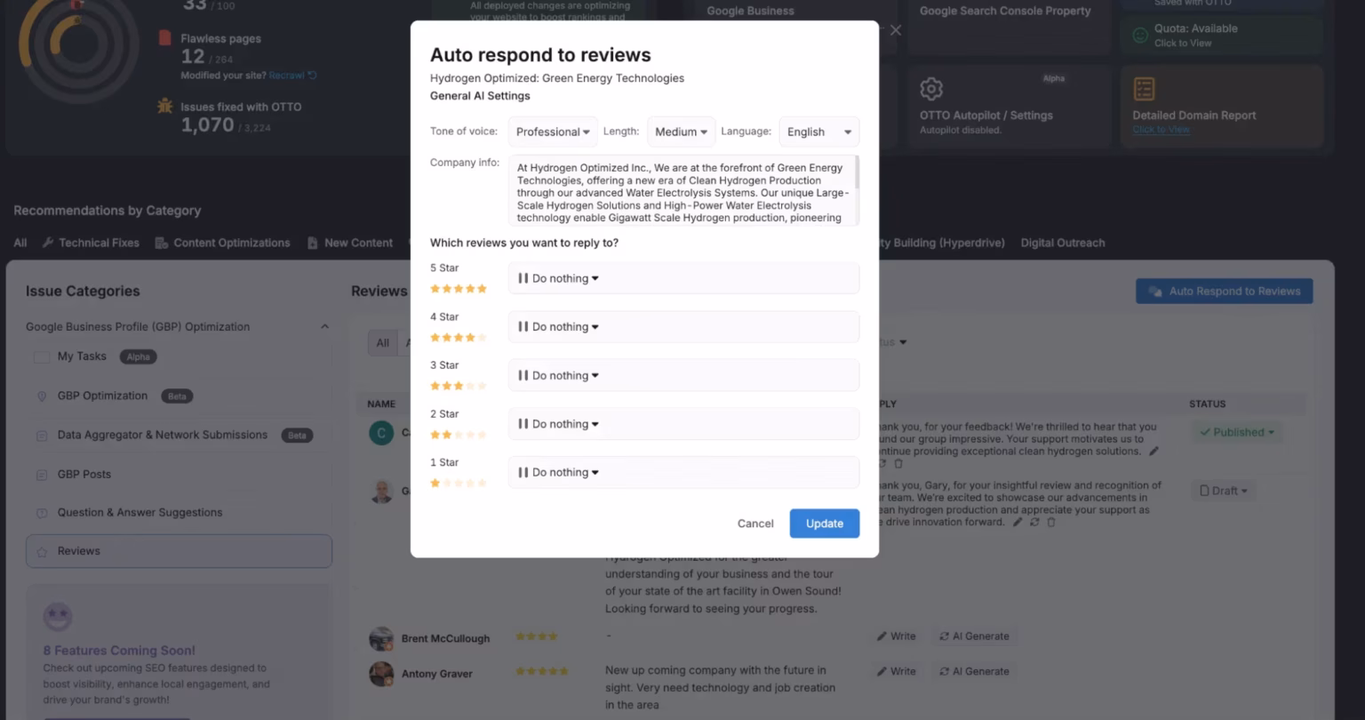 Auto respond to reviews interface with options to select star ratings from 1 to 5, each offering an action like "Do nothing." The background reveals a website with user reviews and settings visible, seamlessly integrating into your Google Business Profile for effective management.