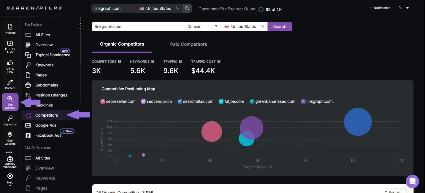 Performance SEO software dashboard showcasing competitor analysis and keyword metrics.
