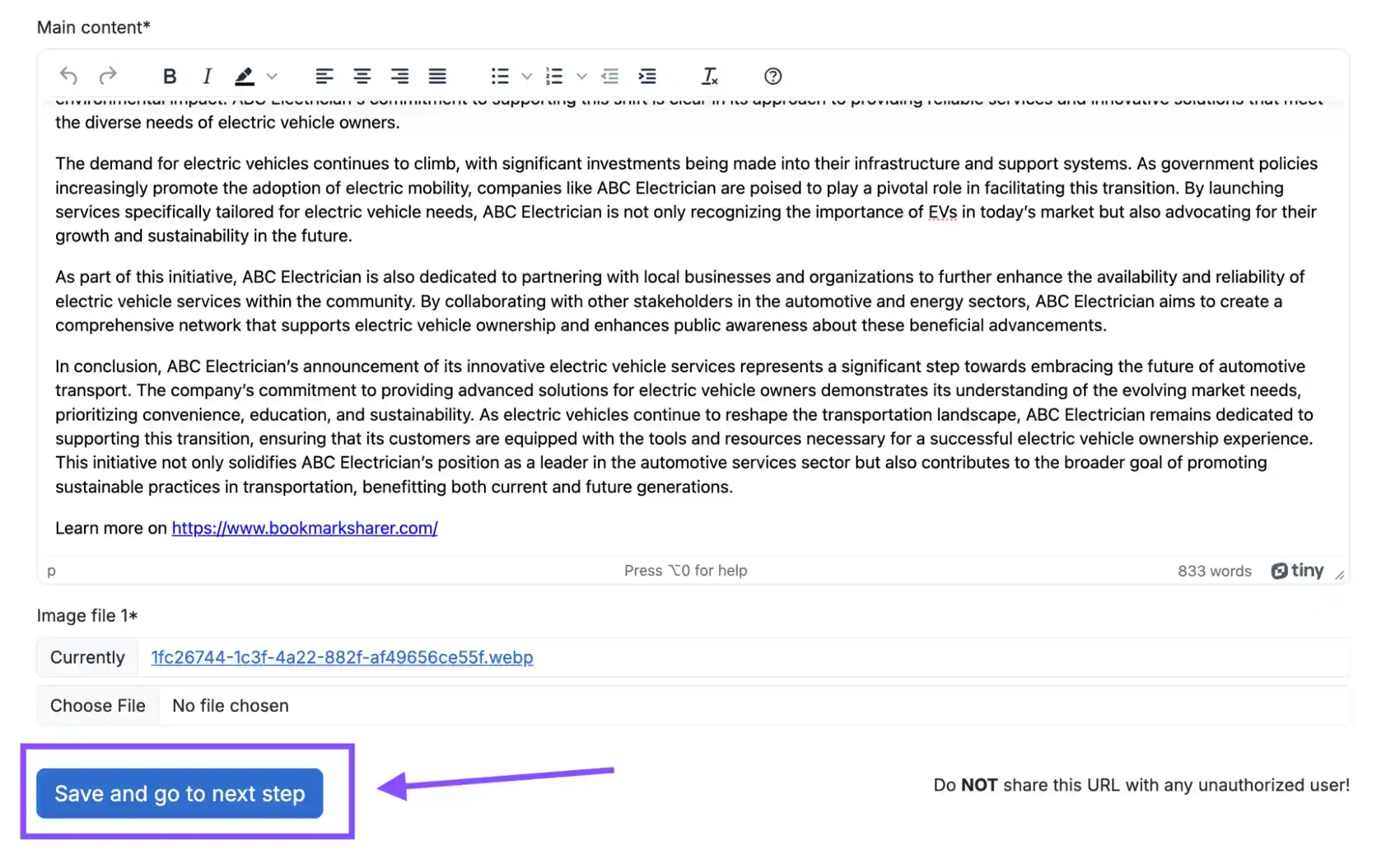 Search Atlas Advanced SEO software showing a Google Business Profile post editor with save and continue controls.