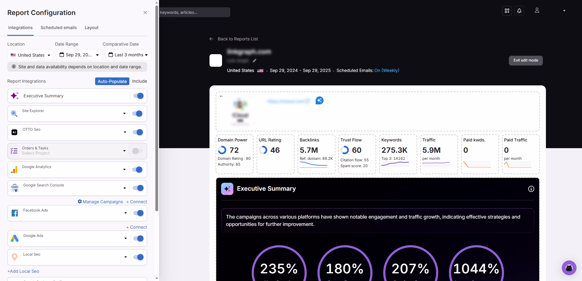 Screenshot of SearchAtlas weekly SEO performance report configuration showing integrations like Site Explorer, Google Analytics, and Executive Summary with domain metrics, backlinks, keywords, and traffic data