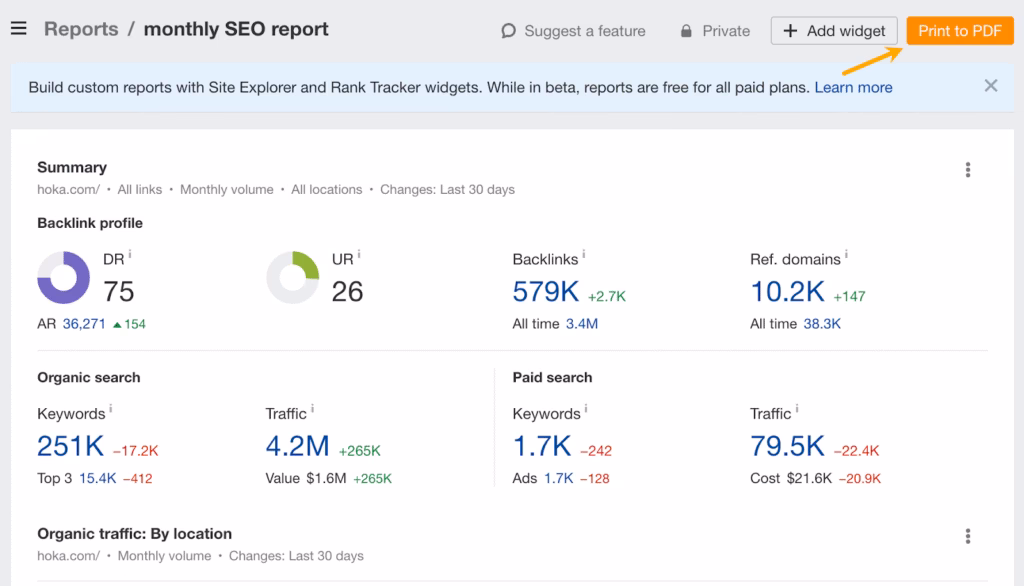 Via Ahrefs ahrefs export Reports Print in PDF