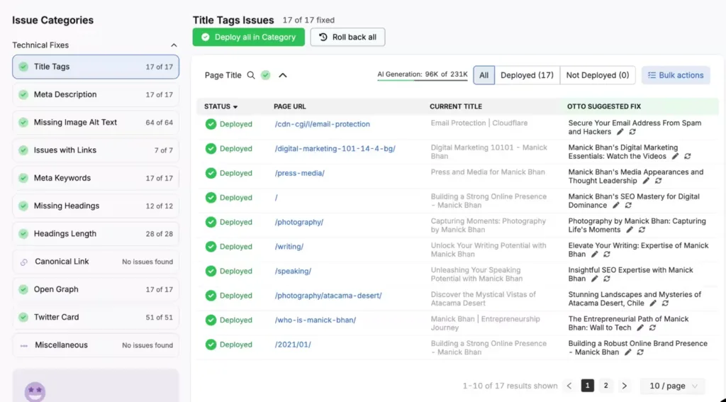 OTTO can locate pages with missing title tags or analyze current tags that could be updated with its own copy recommendations you can implement in just a few clicks! OTTO title tag recommendations feature