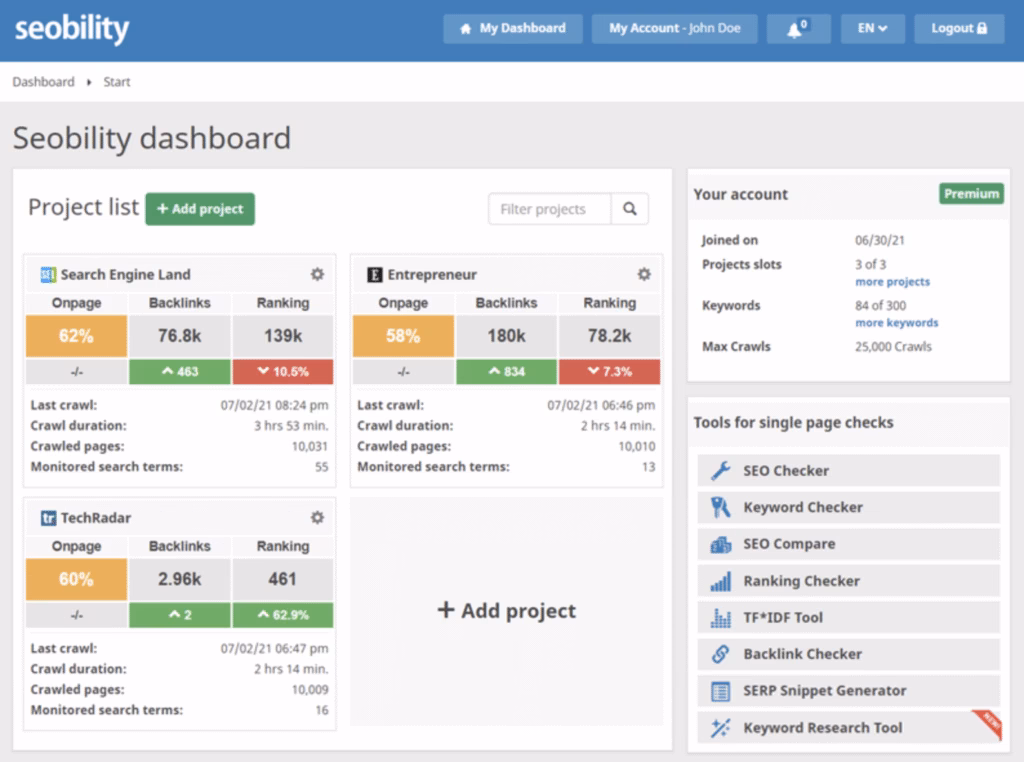 Via Seobility Seobility dashboard
