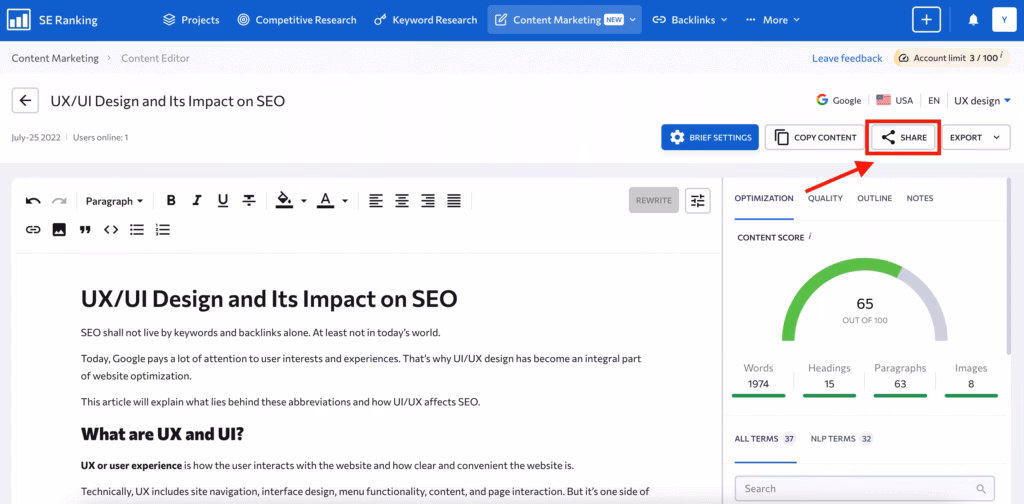 Via SE Ranking SE Ranking Content Editor and Grader