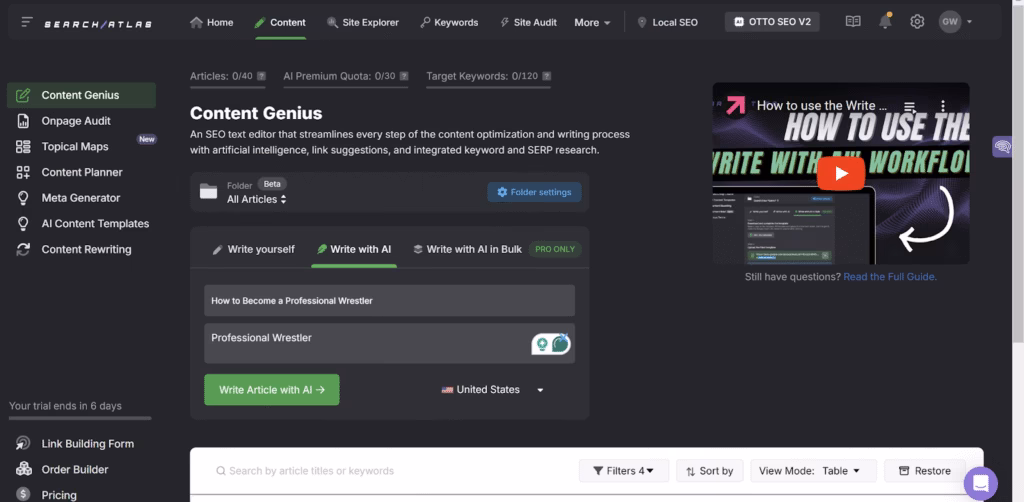 Use Content Genius to quickly develop, structure, and produce high-quality content and briefs. search atlas content brief tool