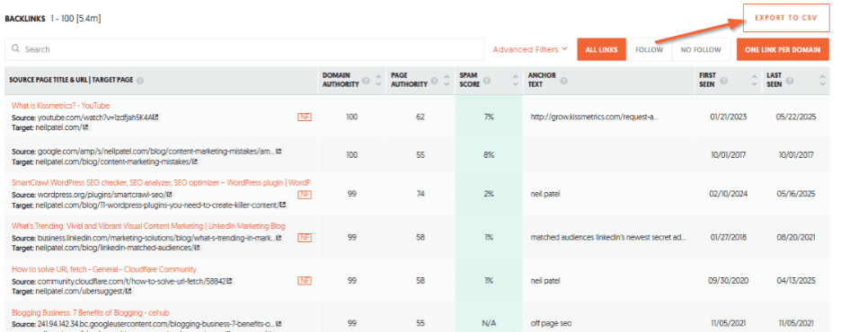After you choose a project, go to Dashboard > Backlinks. Choose filtering (All links, Follow, No Follow). Click on Export to CSV.